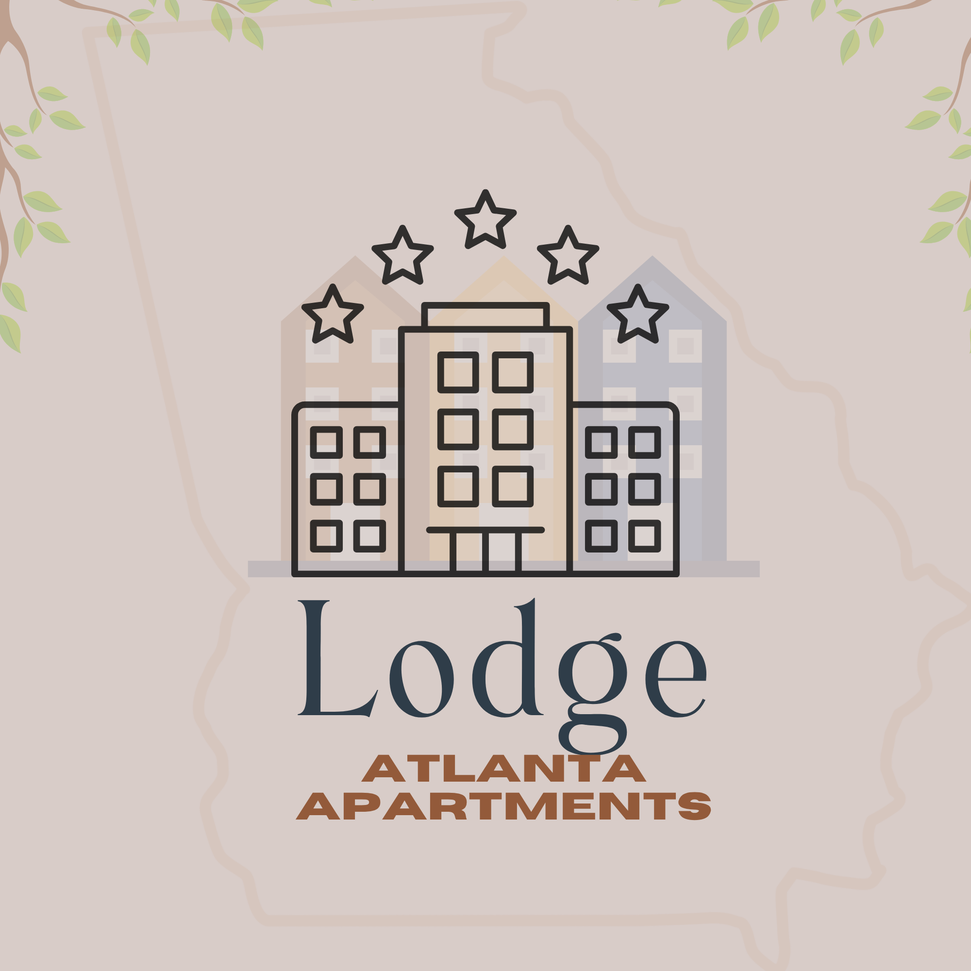 The image is a logo for Lodge Atlanta Apartments, featuring a stylized building with stars above it.